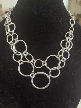 Silver Hammered Metal Ring Double Strand Necklace 23 Inches